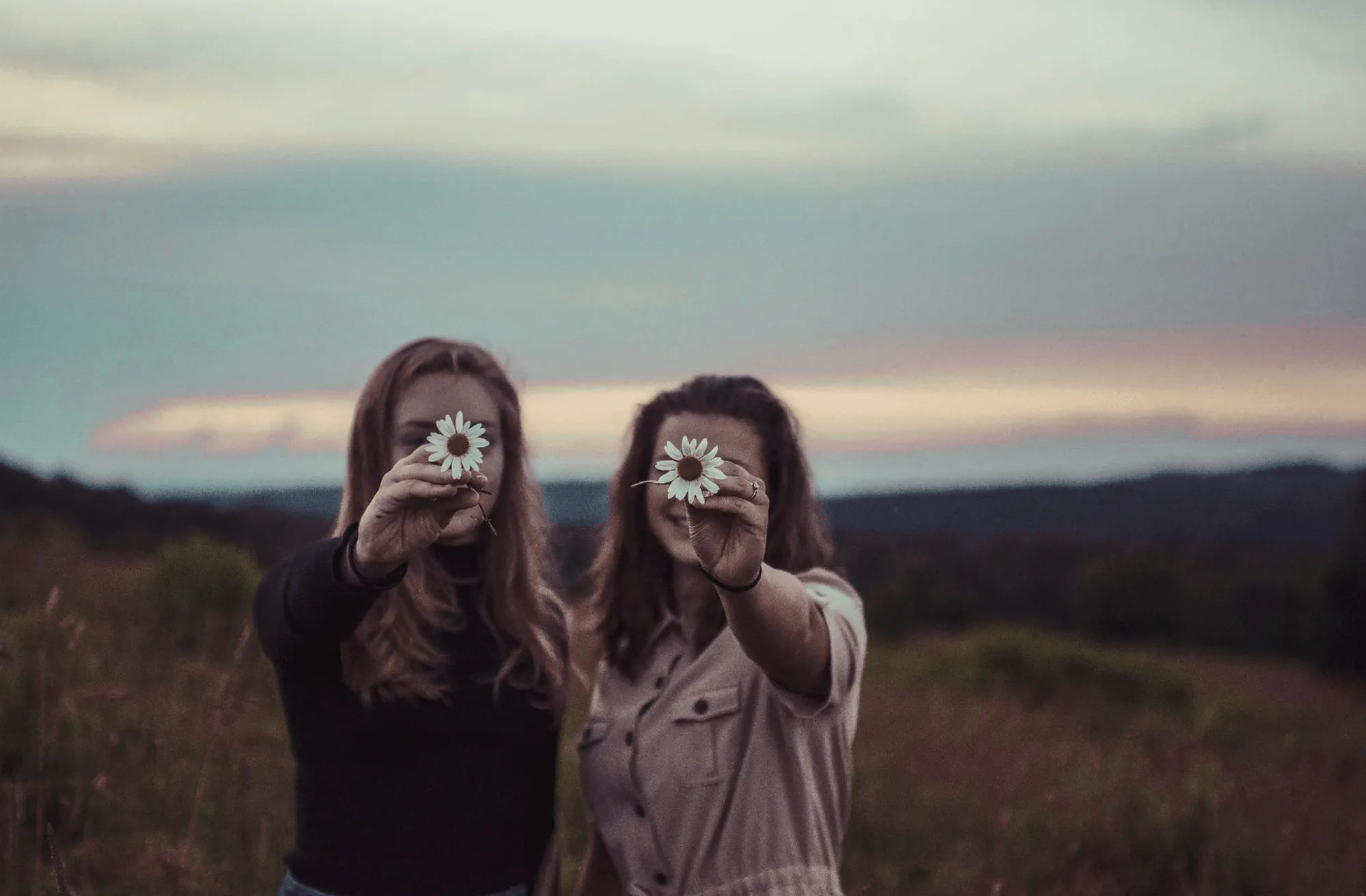 Two young women at dusk, each holding a daisy up to the light.